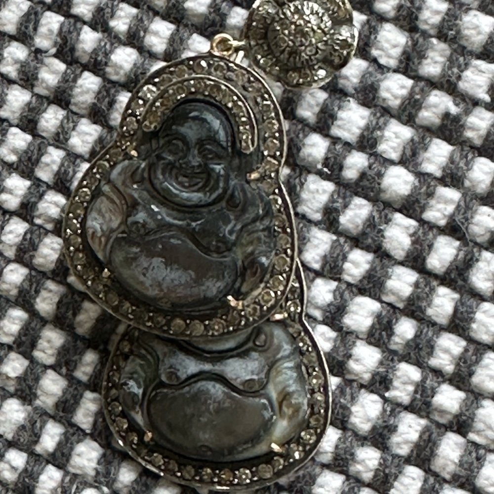 Abalone Buddha Drop Earrings - Iridescent Green Gold Accents - Picture 2 of 4